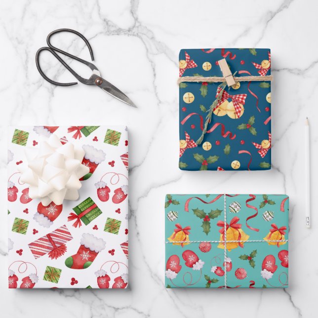 Feuille De Papier Cadeau Cloches et rubans de Noël festifs Aquarelle (Recto)