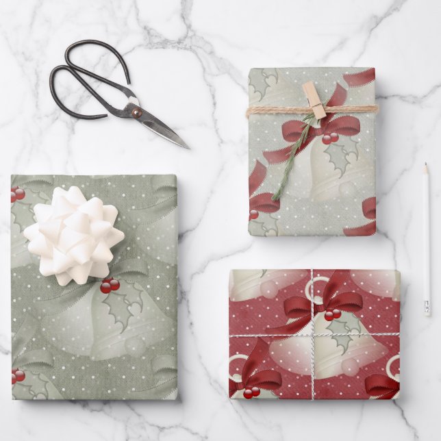 Feuille De Papier Cadeau Cloches rouges et vertes classiques, Ruban et Holl (Recto)