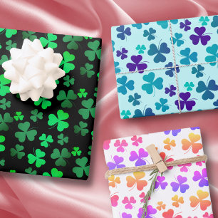 Feuille De Papier Cadeau Clover Shamrock Retro Vert rose bleu coloré amusan