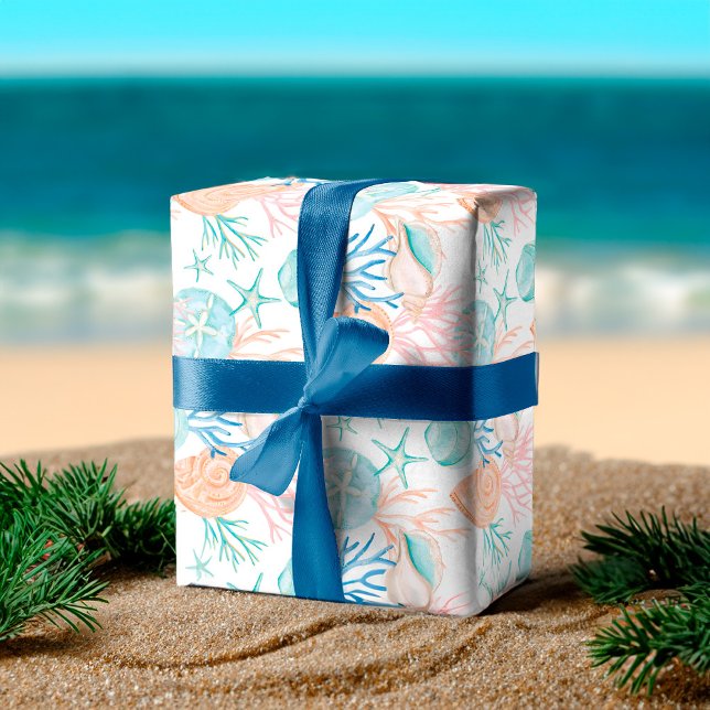 Feuille De Papier Cadeau Coastère Bleu Aquarelle Coquille & Motif brut (Coastal Blue Watercolor Seashell & Sripe Pattern Wrapping Paper Sheets)