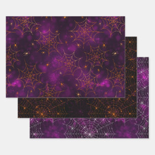 Feuille De Papier Cadeau Cobwebs violet, orange et noir Halloween Bokeh