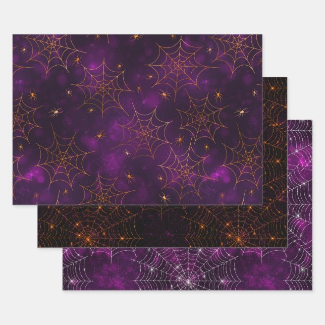 Feuille De Papier Cadeau Cobwebs violet, orange et noir Halloween Bokeh (Lot)