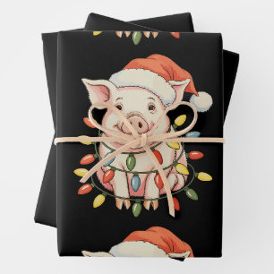 Feuille De Papier Cadeau Cochon de Noël Lumières de Noël Père Noël Foin Sai
