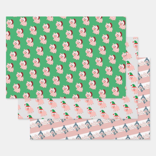 Feuille De Papier Cadeau Cochons de Noël (Lot)