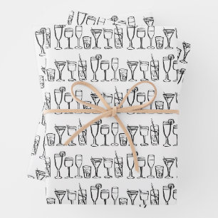 Feuille De Papier Cadeau Cocktail Whimsical Boissons Vin Party B&W Cadeau