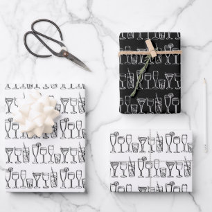 Feuille De Papier Cadeau Cocktail Whimsical Boissons Vin Party B&W Cadeau