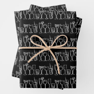 Feuille De Papier Cadeau Cocktail Whimsical Boissons Vin Party B&W Cadeau