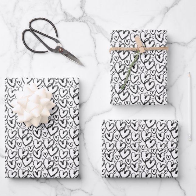 Feuille De Papier Cadeau Coeur de brosse moderne noir blanc (Recto)