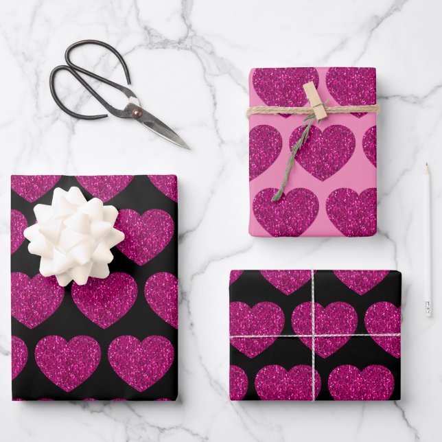 Feuille De Papier Cadeau Coeur rose chaud faux parties scintillant scintill (Recto)