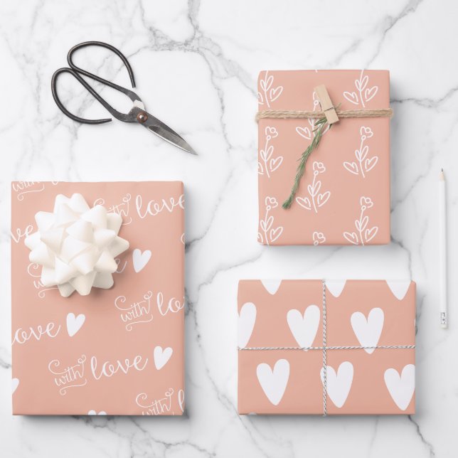 Feuille De Papier Cadeau Coeurs Blancs Rose Flore Avec Amour (Recto)