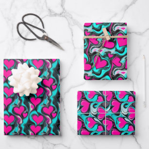 Feuille De Papier Cadeau Coeurs chauds roses sur marbré Turquoise et noir