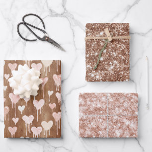 Feuille De Papier Cadeau Cœurs de Chocolat Sucré Crème Brun Rose Paillettes