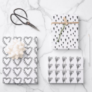 Feuille De Papier Cadeau Coeurs de doodle noir blanc motif mignon
