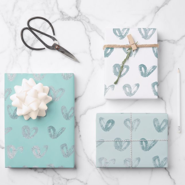 Feuille De Papier Cadeau Coeurs de menthe bleu (Recto)