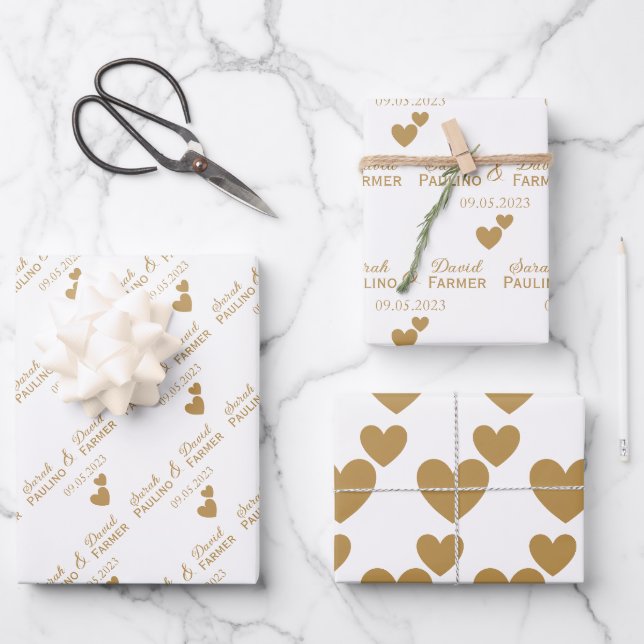 Feuille De Papier Cadeau Coeurs d'or Mariage personnalisés (Recto)