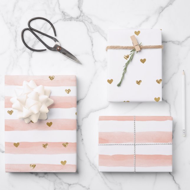 Feuille De Papier Cadeau Coeurs dorés à rayures roses (Recto)