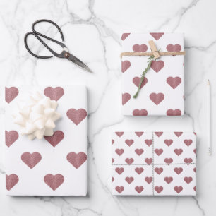 Feuille De Papier Cadeau Cœurs en or rose pailleté sur fond blanc