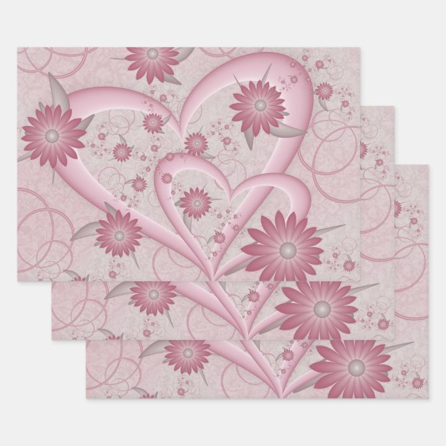 Feuille De Papier Cadeau Coeurs et fleurs Abstraits roses Aimer l'art fract (Lot)