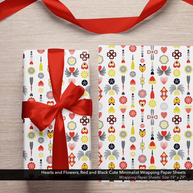 Feuille De Papier Cadeau Coeurs et Fleurs Rouge et Noir Cute Minimaliste (Cute Hearts and Flowers, Red and Black Minimalist Wrapping Paper Sheets)