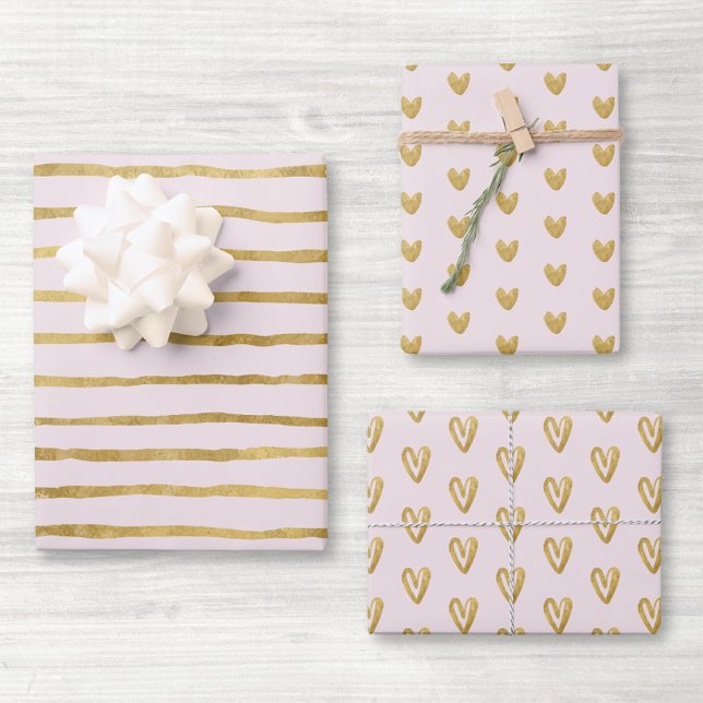 Feuille De Papier Cadeau Coeurs et lignes rose et or (Créateur téléchargé)