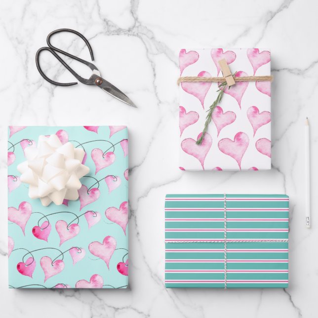 Feuille De Papier Cadeau Coeurs et rayures roses mignonnes Motif Aquarelle (Recto)