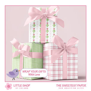 Feuille De Papier Cadeau Cœurs Floraux Verts Rose à carreaux Saint-Valentin