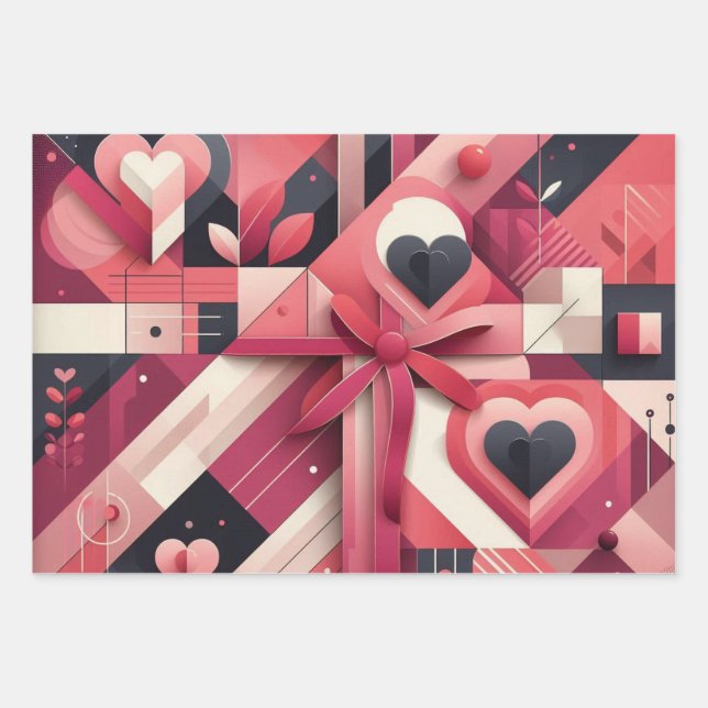 Feuille De Papier Cadeau Cœurs géométriques abstraits et blocs de couleur a (Devant 3)