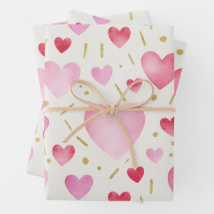 Feuille De Papier Cadeau Cœurs pailletés d'or et aquarelle rose