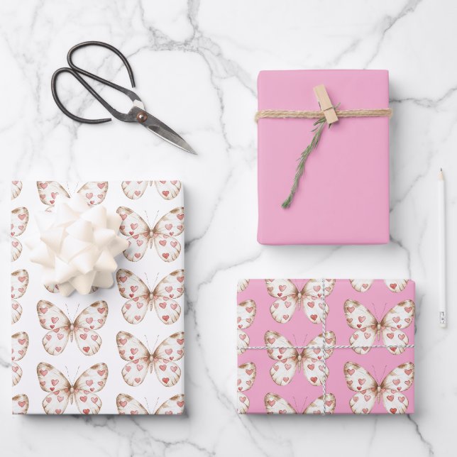 Feuille De Papier Cadeau Coeurs papillon rose blanc Anniversaire (Recto)