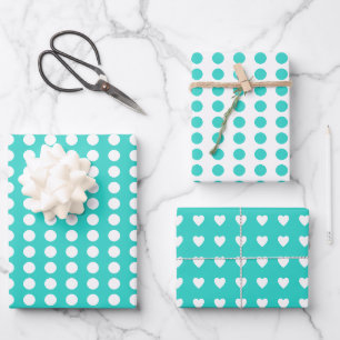 Feuille De Papier Cadeau Coeurs pois blanc turquoise