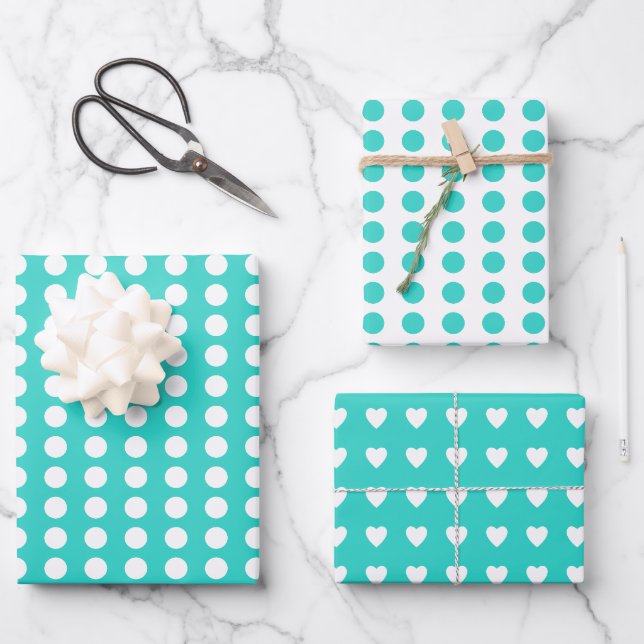 Feuille De Papier Cadeau Coeurs pois blanc turquoise (Recto)