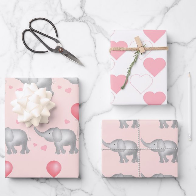 Feuille De Papier Cadeau Coeurs roses et aquarelle Elephant Cadeau (Recto)