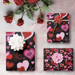 Feuille De Papier Cadeau Cœurs rouges roses noirs Motif d'amour