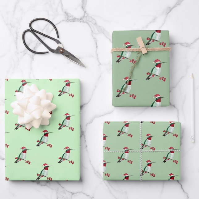 Feuille De Papier Cadeau Colibri à gorge rubis de Noël  (Recto)