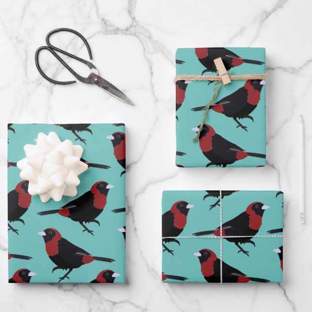 Feuille De Papier Cadeau Colibri noir rouge cramoisi à collier noir (Recto)