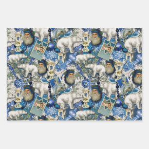 Feuille De Papier Cadeau Collage de Noël victorien bleu