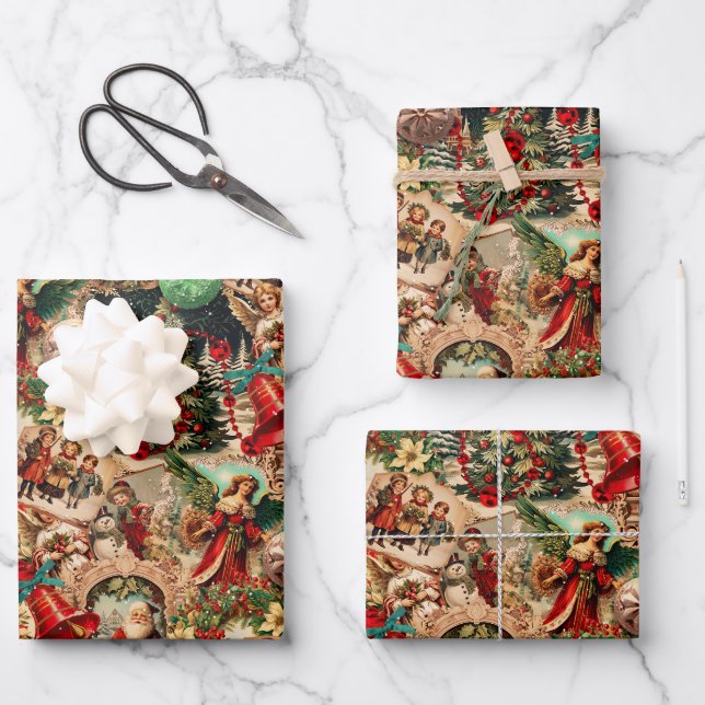 Feuille De Papier Cadeau Collage de Noël victorien vibrant (Recto)