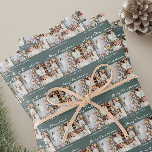 Feuille De Papier Cadeau Collage de photos de famille de Noël chic gris ver