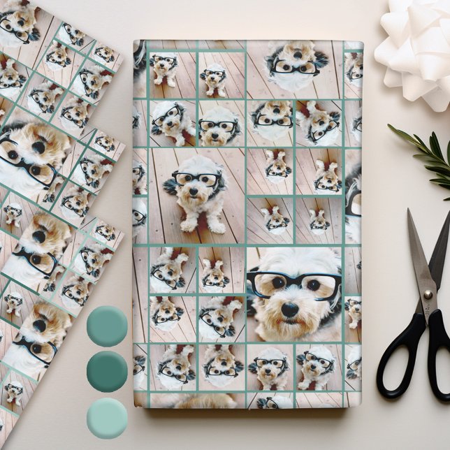 Feuille De Papier Cadeau Collage photo carré - Jusqu'à 14 photos Turquoise  (Personalized Photo Wrapping Paper)