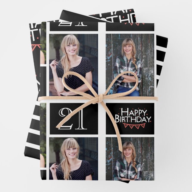 Feuille De Papier Cadeau Collage photo en noir blanc tendance 21e anniversa (En situation)