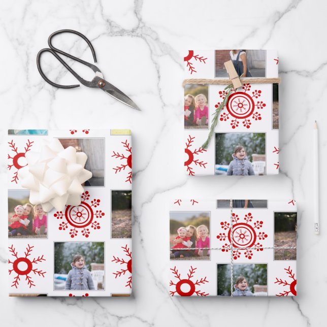 Feuille De Papier Cadeau Collage photo et flocons rouges Fête de Noël (Recto)