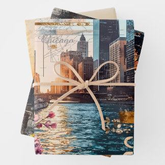 Feuille De Papier Cadeau Collage Urbain Rêveur Chicago Vintage