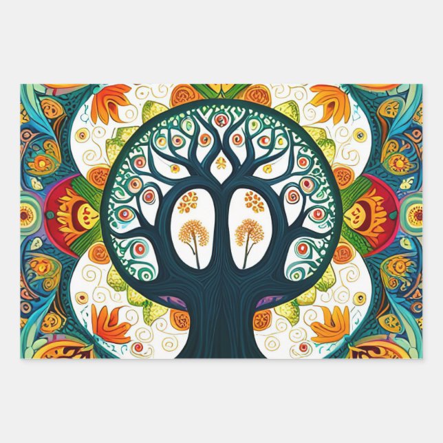 Feuille De Papier Cadeau Collection Arbre de vie vibrant (Devant)