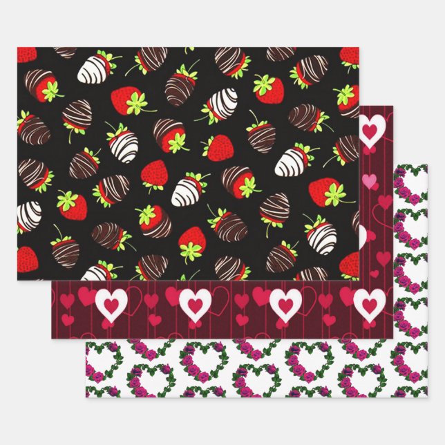 Feuille De Papier Cadeau Collection Coeurs Et Fraises (Lot)