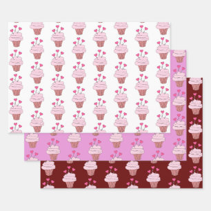 Feuille De Papier Cadeau Collection Cupcakes Et Coeurs