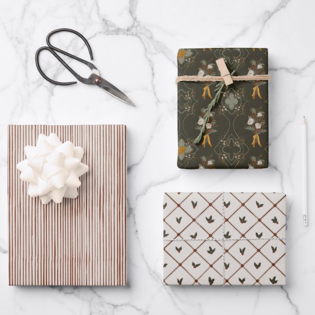 Feuille De Papier Cadeau Collection Noël | Grille, florale, enrobage creux (Recto)