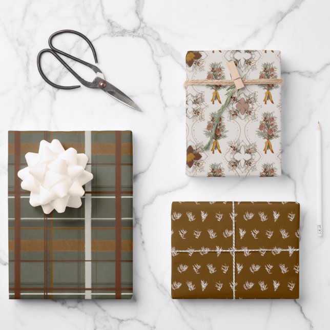 Feuille De Papier Cadeau Collection Noël | Plaid vert, floral, cèdre (Recto)
