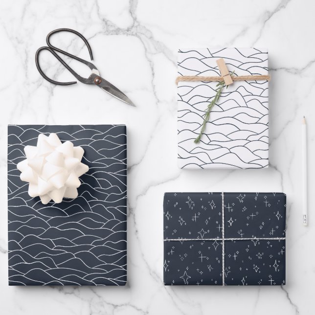 Feuille De Papier Cadeau collines de neige bleu marin et blanc (Recto)