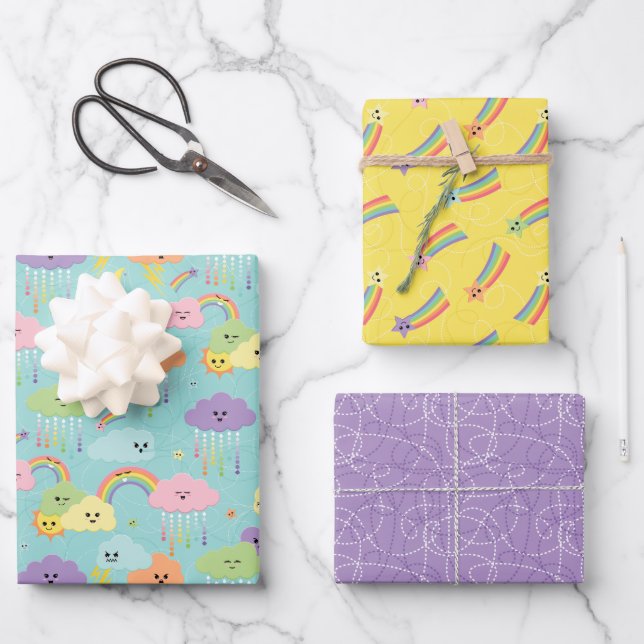 Feuille De Papier Cadeau Coloré Pastel Kawaii Nuages Enfants (Recto)