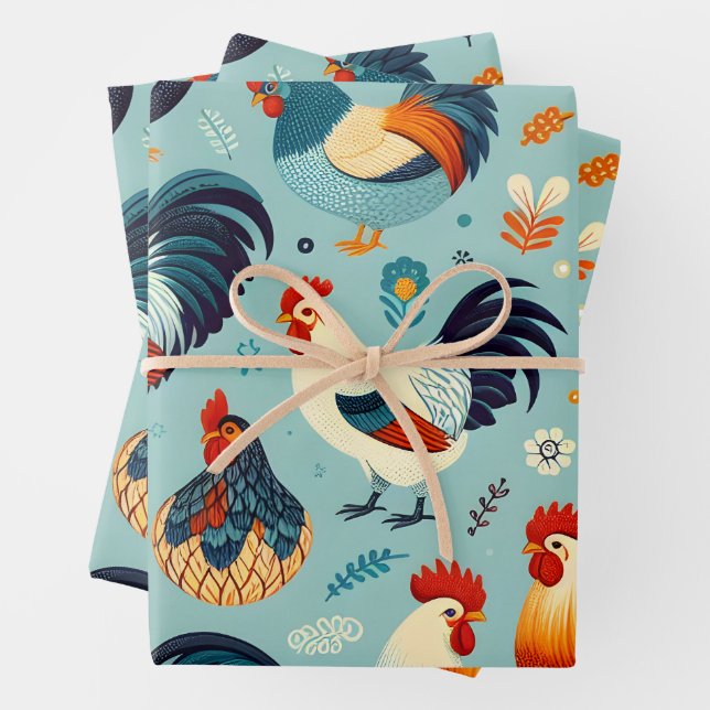 Feuille De Papier Cadeau Conception du poulet et du coq (En situation)